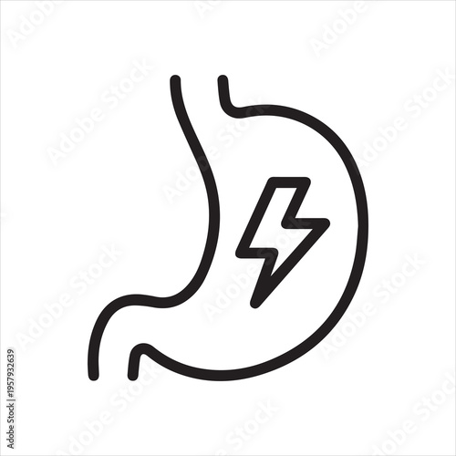 Stomach with lightning bolt, linear icon. Gastric pain, cramps, or digestive discomfort. Line with editable stroke.