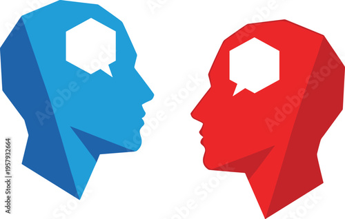Human head silhouettes with speech bubbles, communication and debate concept, opposing opinions discussion symbol, abstract people conversation illustration