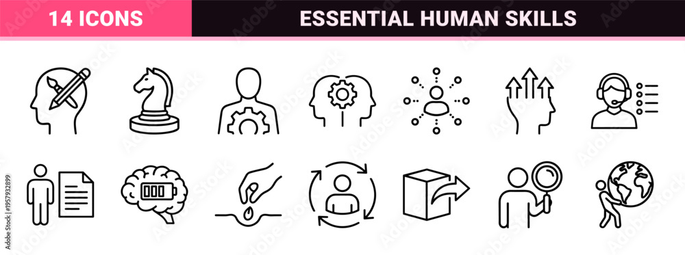 Fototapeta premium Soft Skills and Professional Development Minimalist Monoline Icon Set featuring Leadership, Teamwork, and Emotional Intelligence Symbols.