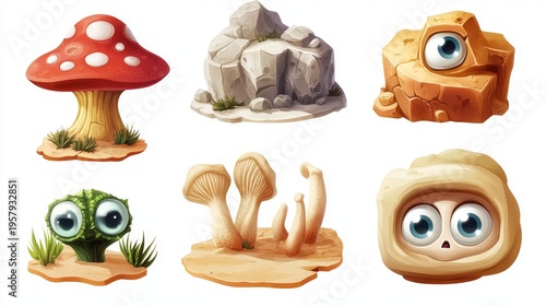 A collection of glossy 3D game icons representing desert landforms, a mushroom rock, a wind-carved yardang, and a sand dune, friendly cartoon style with big eyes and highlights, arranged neatly on a