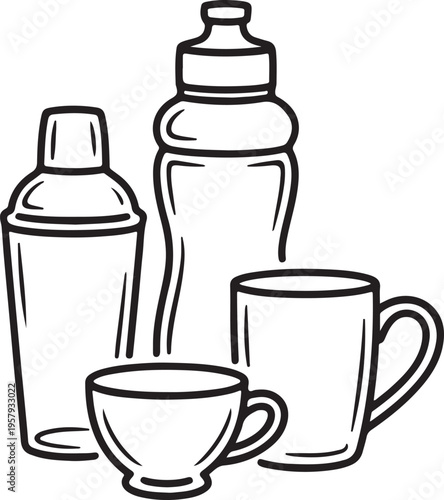 Stylized line drawing set of fitness water bottle with cocktail shaker and coffee mug plus espresso tea cup