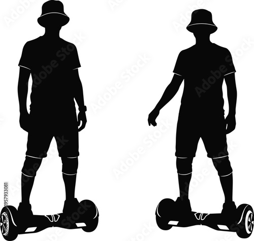 Man riding hoverboard silhouette, personal electric scooter balancing transport device, modern urban mobility isolated black silhouette illustration