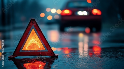 Shallow depth of field photo focusing on a red emergency warning triangle standing on a wet asphalt road, a car with its hazard lights flashing is blurred in the background, realistic lighting and