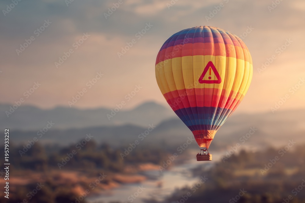 Fototapeta premium A warning icon printed on a colorful hot air balloon floating above landscape at sunrise