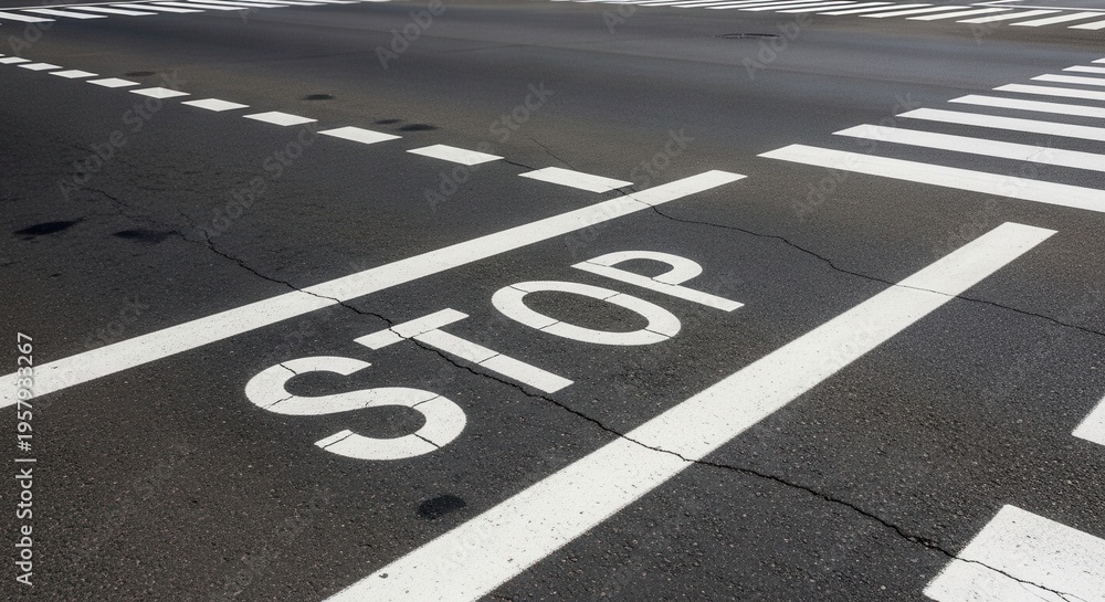 Fototapeta premium Street Stop Sign At Pedestrian Crossing With White Lines