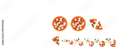 Pizza slices and whole pizza collection with toppings, delicious Italian food illustration, pepperoni cheese vegetables flat vector set isolated on white background