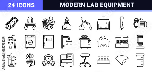 Scientific Laboratory Research Minimalist Monoline Icons, Geometric Line Art for Chemistry, Biology, and Biotech Engineering Assets