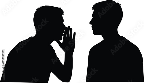 Man whispering secret to another person silhouette, confidential conversation gossip communication concept isolated black human figures illustration