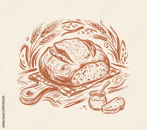 Artisan sourdough bread loaf vector illustration drawing, vintage rustic hand drawn ink sketch style boule with wheat stalks and starter jar, bakery logo graphic, organic crusty slice
