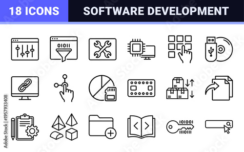 Software Engineering and Computer Programming Monoline Icons. Minimalist geometric line art for web development and backend architecture.