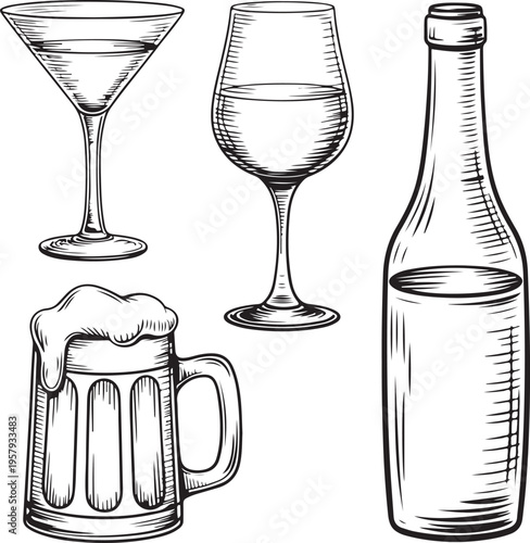 Vintage sketch of various alcoholic drinks including martini, wine, beer and bottle for beverage