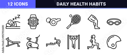 Holistic Health and Fitness Tracking Minimalist Monoline Geometric Line Art Symbols for Wellness Apps and Sports Interface Design