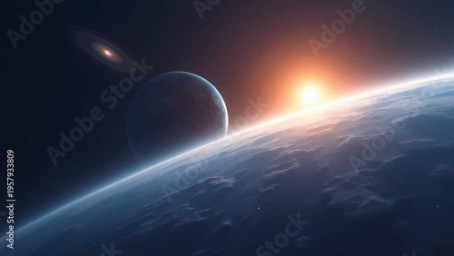 Vector illustration of a planet with sunrise and galaxy background