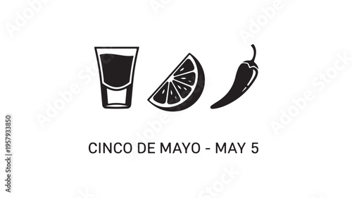 Cinco de Mayo celebration icons with shot glass, lime wedge, and chili pepper in minimalist line art for festive marketing