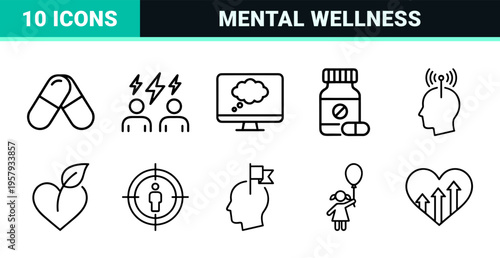 Psychology and Mental Health Line Art Mega Set Featuring Minimalist Monoline Symbols for Therapy Counseling and Emotional Wellness Concepts