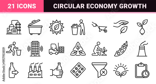 Waste Management and Circular Economy Linear Icon Set. Minimalist Monoline Symbols for Recycling, Sustainability, and Green Industry.
