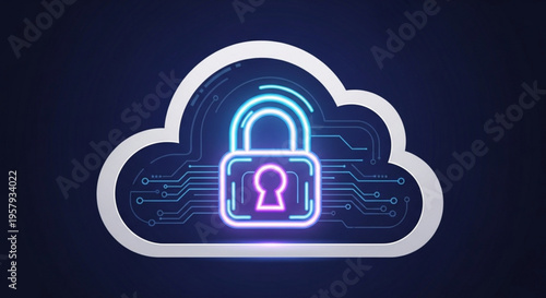 Cloud computing security concept with glowing blue and purple padlock icon on circuit board background