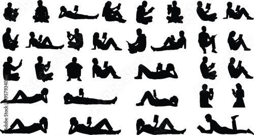People reading books silhouette collection in various sitting and lying poses education learning concept human reader characters isolated on white background vector set