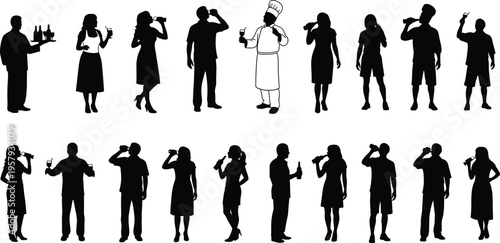 People drinking beverages silhouettes including bartender chef and customers holding bottles and glasses social lifestyle concept isolated on white background vector collection