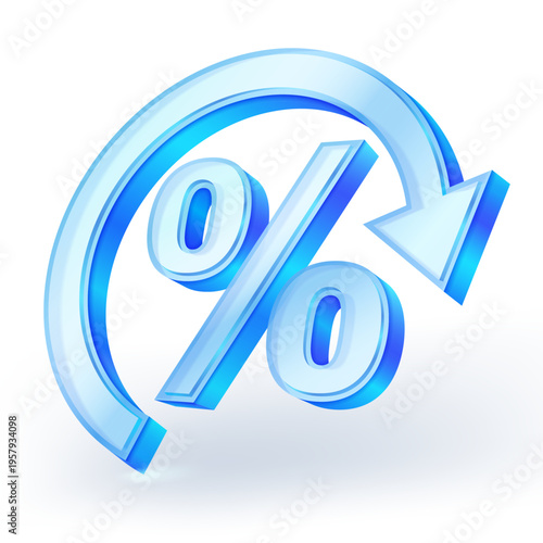 3D glossy glass percent sign with rotating circular arrow. Ideal for cash back offers, interest rates, financial growth, tax returns, and loan promotions in modern business marketing. vector EPS file.