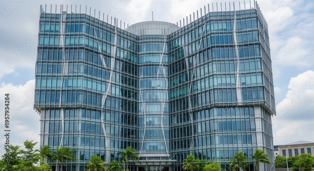 Fototapeta premium Striking Modern Office Building Facade Reflecting Sky and Nature