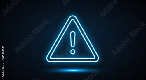 Glowing blue warning sign with exclamation mark on dark background for alerts and notifications