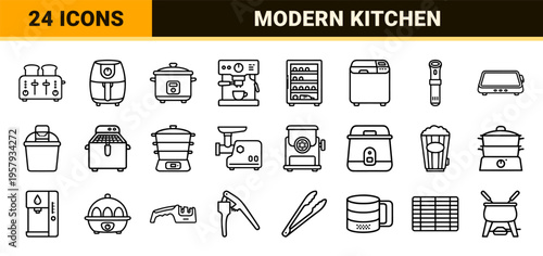Minimalist Geometric Line Art of Modern Kitchen Appliances and Culinary Tools Featuring Clean Black Outlines for High-End Design Utility.