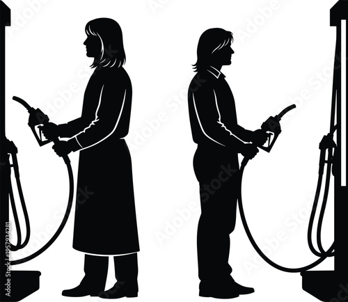 People refueling car at gas station silhouettes, man and woman holding fuel pump nozzle isolated black service silhouettes