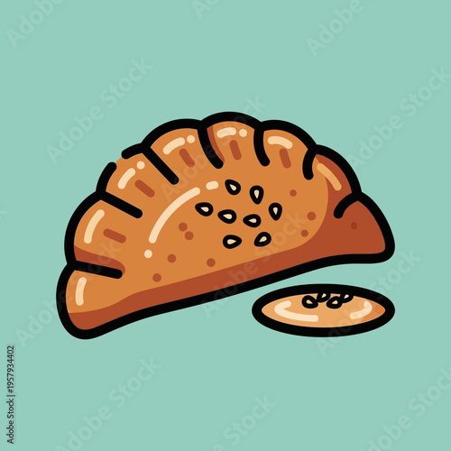 A charming, simple illustration of a golden-brown pastry, possibly a empanada or calzone, sprinkled with sesame seeds, set against a teal background.