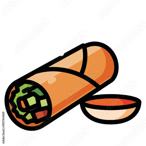 A delicious golden-brown egg roll filled with fresh vegetables and served with a side of dipping sauce.