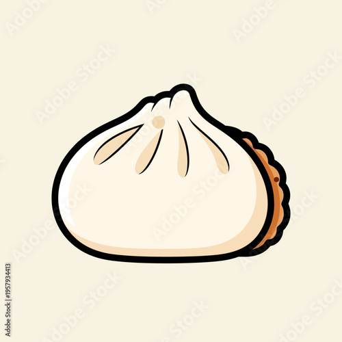 A simple, stylized illustration of a delicious-looking steamed bun with a filling visible on the side.