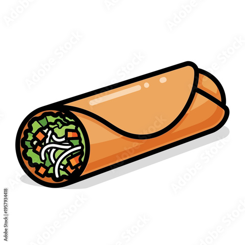 A colorful cartoon illustration of a single, delicious-looking spring roll filled with fresh vegetables and noodles, presented on a white background.
