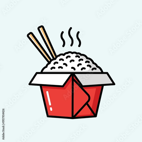 A steaming hot serving of white rice in a red takeout container, with chopsticks resting on top, ready for a delicious meal.