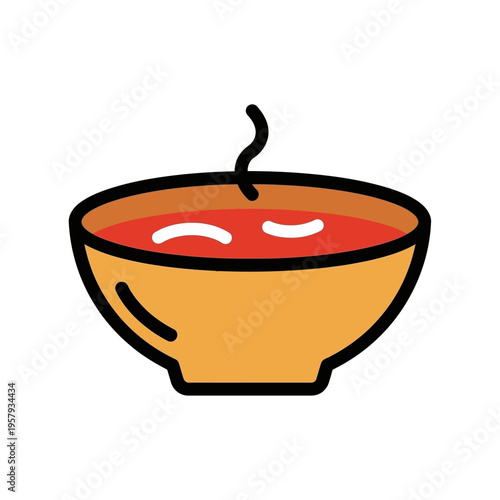 A steaming bowl of hot, red soup with a curved steam rising from its surface, presented in a simple orange bowl.