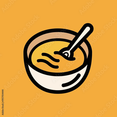 A simple, stylized illustration of a bowl of yellow soup with a spoon stirring it, set against a solid orange background.