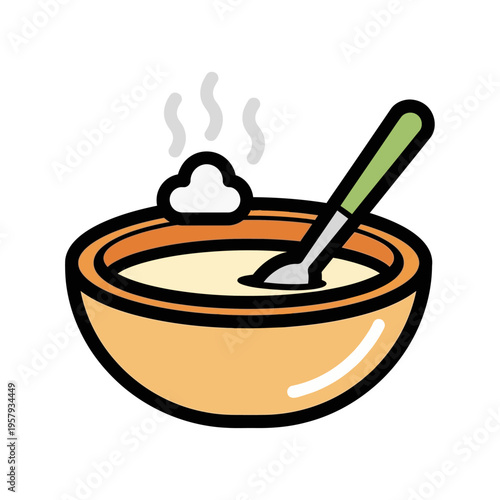 A steaming bowl of creamy porridge with a dollop of white cream and a spoon, perfect for a warm breakfast.