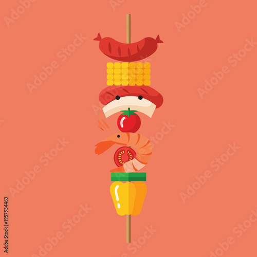 A colorful illustration of a skewer filled with various grilled food items including sausages, corn, shrimp, and bell peppers.