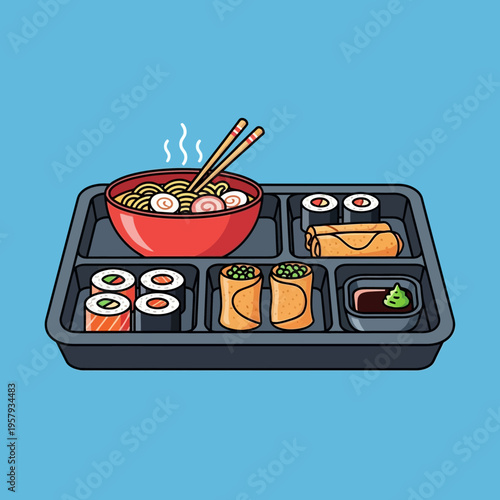 A colorful illustration of a bento box filled with various Japanese dishes, including ramen, sushi, and spring rolls, presented on a blue background.