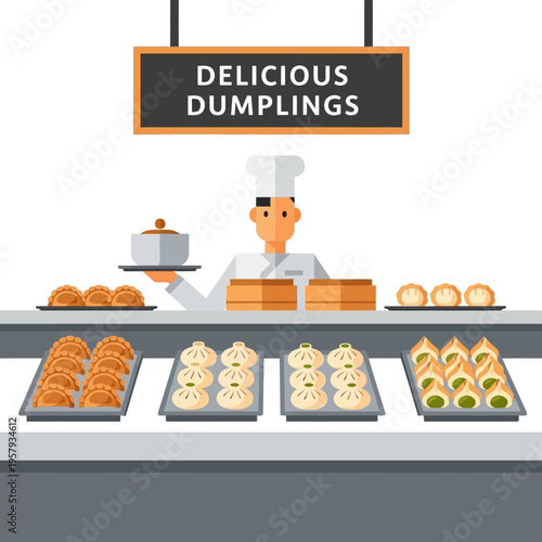 A chef proudly presents a variety of delicious dumplings displayed in a food stall.