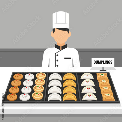 A chef in a white uniform stands behind a display of various dumplings and pastries, ready to serve customers.