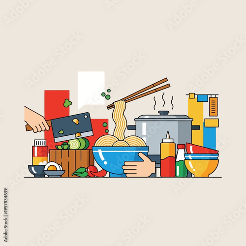 A vibrant flat illustration depicting the preparation of a delicious noodle dish with various ingredients and cooking utensils.
