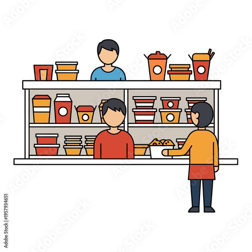 Illustration of a food service counter with staff serving customers, showcasing various takeaway containers and food items.