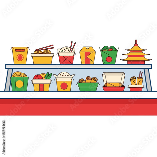 A colorful illustration of various Asian takeout food containers and dishes displayed on shelves, including noodles, rice, and dumplings.