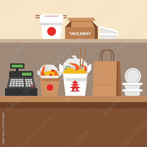 A flat design illustration of a Chinese takeaway counter with food containers, chopsticks, a cash register, and a paper bag.