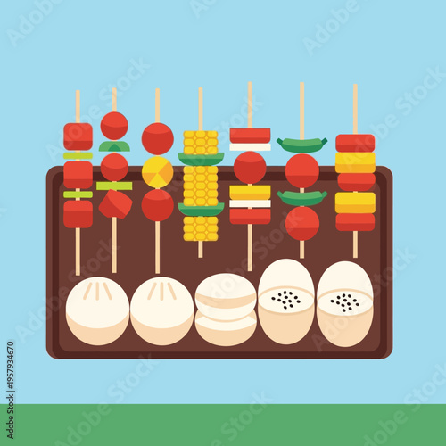 A colorful illustration of various street food skewers and steamed buns arranged on a tray, set against a light blue background.