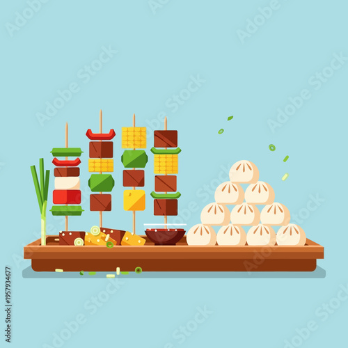 A vibrant illustration of a delicious assortment of Asian street food, featuring skewers of meat and vegetables alongside a pyramid of steamed buns.