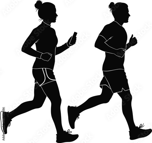 Running people silhouettes, male and female joggers exercising outdoors, fitness training activity concept isolated black runner silhouette illustration
