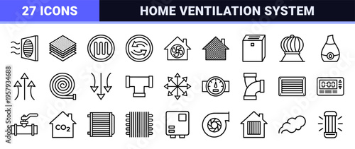 HVAC System and Home Ventilation Geometric Line Art for Residential Airflow Control and Sustainable Climate Management Technical Graphic Symbols