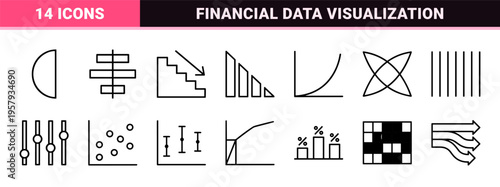 Data Visualization Line Art Graphics Featuring Financial Charts Business Statistics and Market Analysis Symbols for Professional Analytics