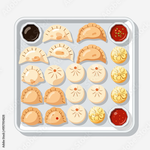 A top-down view of a white rectangular tray filled with various types of delicious dumplings and dipping sauces.